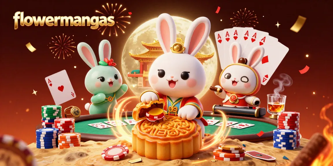 Flowermangas illuminates a vibrant casino scene with a moon rabbit and poker elements creating dynamic energy.