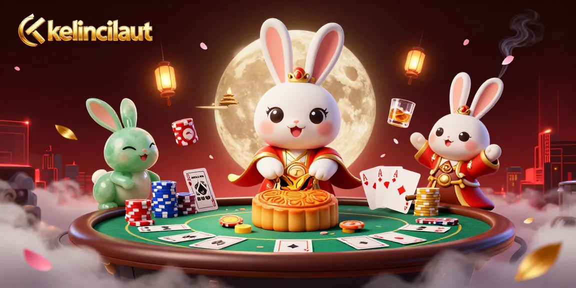 kelincilaut reveals poker chips from mooncakes in a vibrant casino illustration.