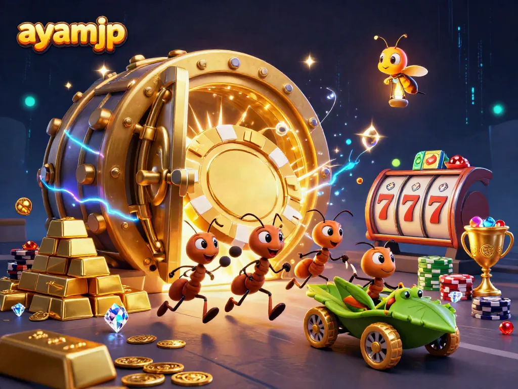 Ants execute a heist for the golden poker chip on ayamjp, surrounded by treasure and gaming elements.