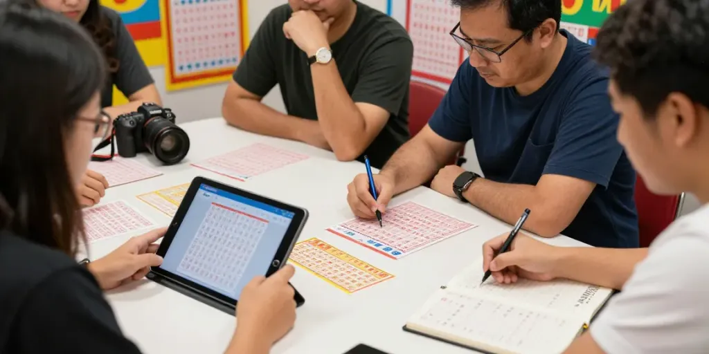 Bagus toto: suasana seru pemain togel dengan tiket, perangkat digital, dan catatan prediksi.