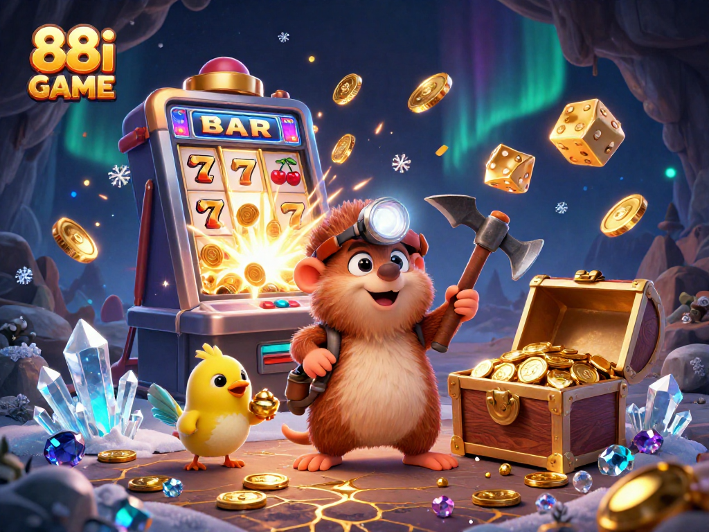Experience the thrill of 88i GAME with vibrant illustrations of moles mining for treasure amidst dynamic casino game elements.