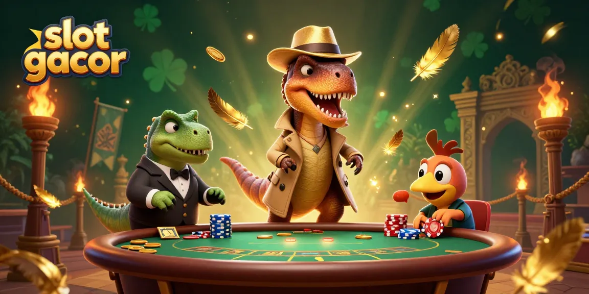 Jelajahi slot gacor dengan velociraptor yang menyamar, bos stegosaurus, dan pencuri chip kompi dalam ilustrasi kasino.