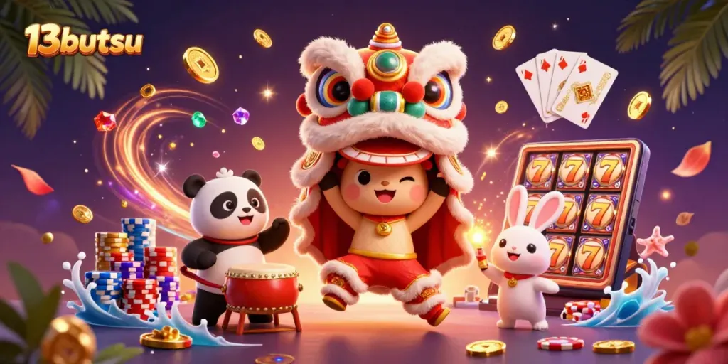 Engage with 13butsu by enjoying an exhilarating slot experience amid vibrant casino-themed illustrations.