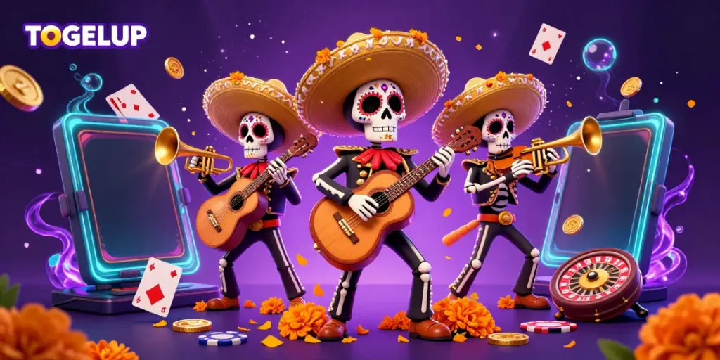 Play exciting lottery games with TOGELUP's vibrant mariachi-themed illustration featuring a slot game.
