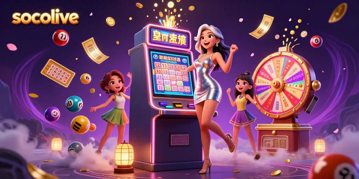 Socolive showcases a vibrant scene of gaming excitement with a joyful woman celebrating a jackpot amidst dynamic gaming elements.