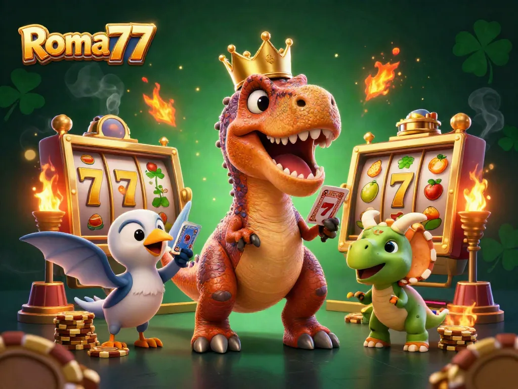 Engaging Roma77 gaming scene with a cartoon T-Rex, pterodactyl, and triceratops in a vibrant casino atmosphere.