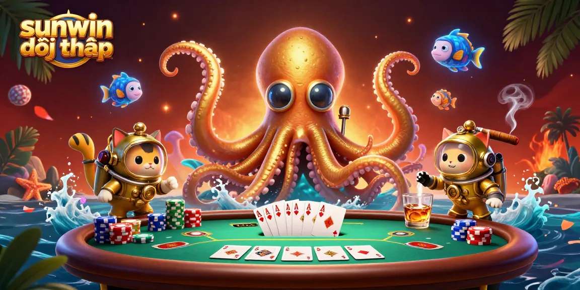 Engage with the sunwin đổi thưởng experience featuring a kraken and diving cat illustration in a vibrant casino scene.