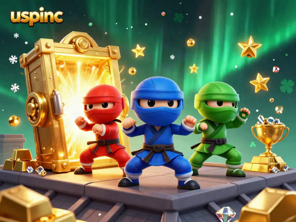 Engage in a thrilling game with uspinc as ninja chameleons showcase their skills amidst treasure and jewels.