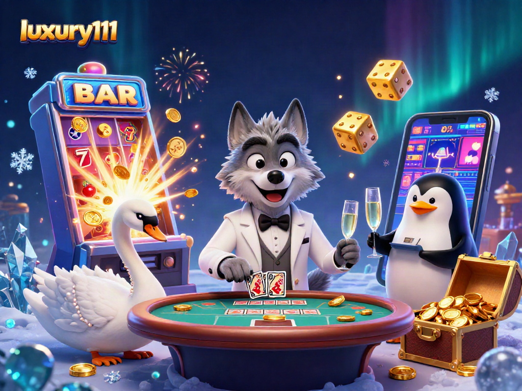 Enjoy exciting gameplay with luxury111 at the baccarat table, featuring a luxurious wolf, swan dealer, and penguin sommelier.