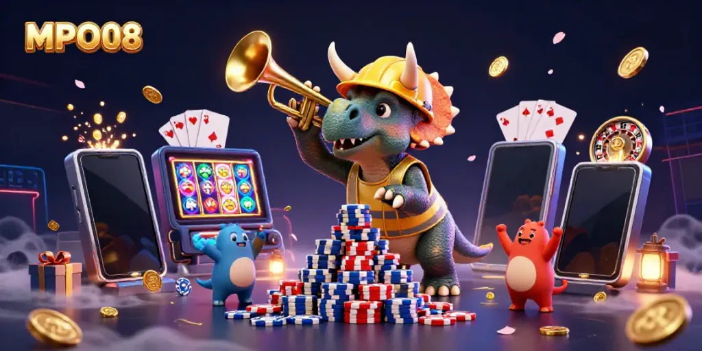 Build a winning strategy with MPO08 through a dynamic casino-themed celebration featuring vibrant characters.