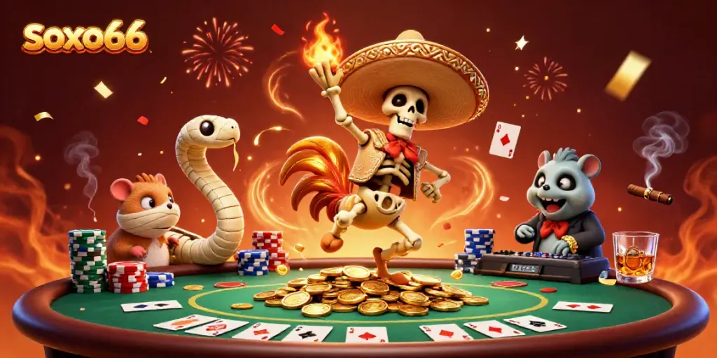 Soxo66 celebrates with a victorious mariachi rooster, highlighted by poker elements and vibrant confetti.