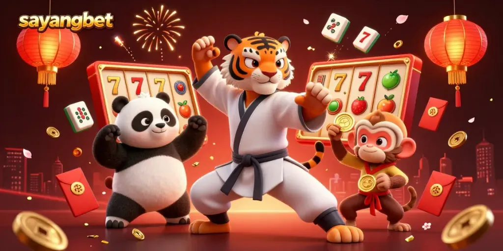 Experience excitement with sayangbet as a kung fu tiger and a panda disciple surrounding slot game elements.