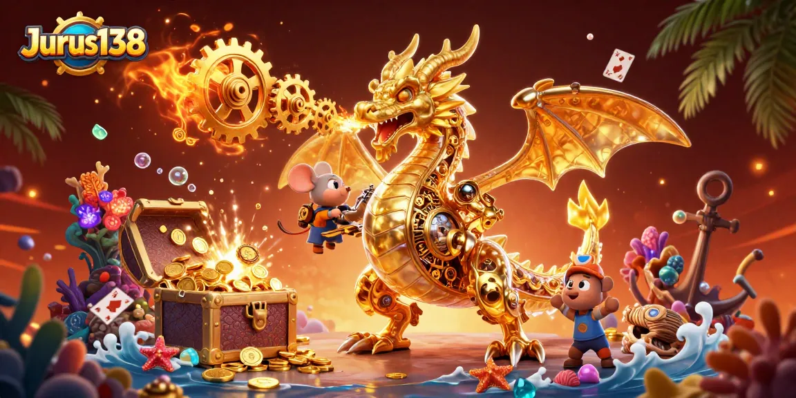 Win big at Jurus138 with a vibrant underwater scene featuring treasures and a golden dragon.