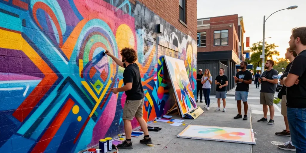 Seniman cirebontoto menciptakan mural seni jalanan berwarna-warni di lingkungan perkotaan.