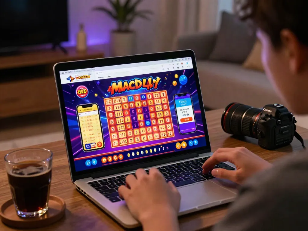 Pengguna Bandar Toto Macau melihat hasil lotere 4D terbaru di laptop dengan suasana yang nyaman dan grafis menarik.