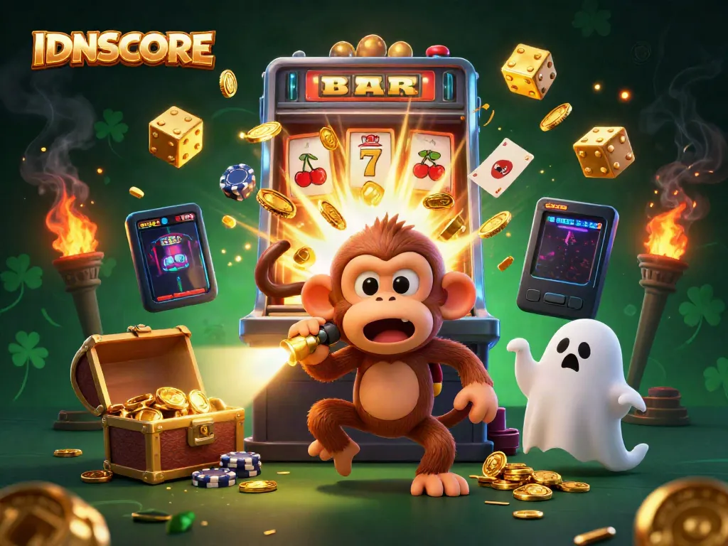 Experience the lively action of IDNSCORE as golden coins and casino games fill the vibrant haunted casino scene.