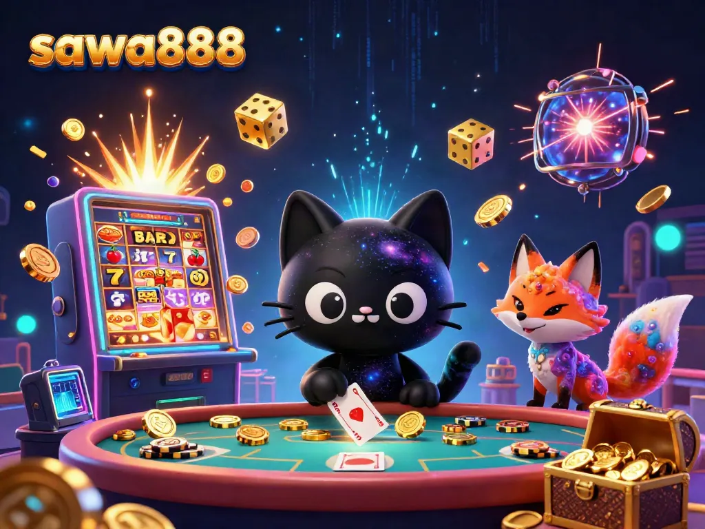 Experience thrilling wins with sawa888 at a cosmic casino, featuring colorful characters and lively gaming elements.