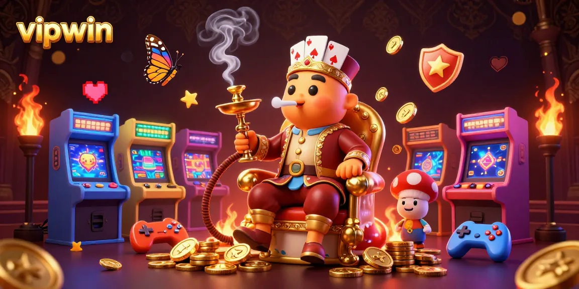 Engage with vipwin, featuring a vibrant 3D illustration of a caterpillar hookah-master amidst arcade casino elements.