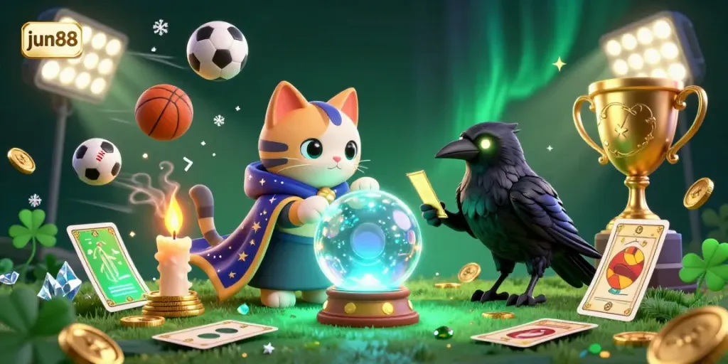 Engage with exciting gameplay at jun88, featuring a mystical scene with sports elements and vibrant casino details.