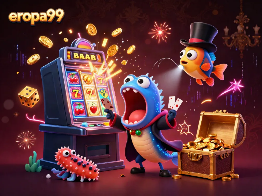 Dalam momen magis, eropa99 menampilkan ikan deep-sea gulper dalam jas pesulap, dikelilingi jackpot koin dan simbol keberuntungan.