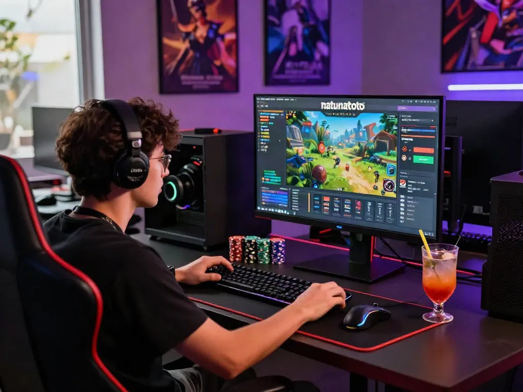 Antusiasme bermain di natunatoto dengan pemain fokus pada layar game, alat gaming modern, dan suasana ceria.