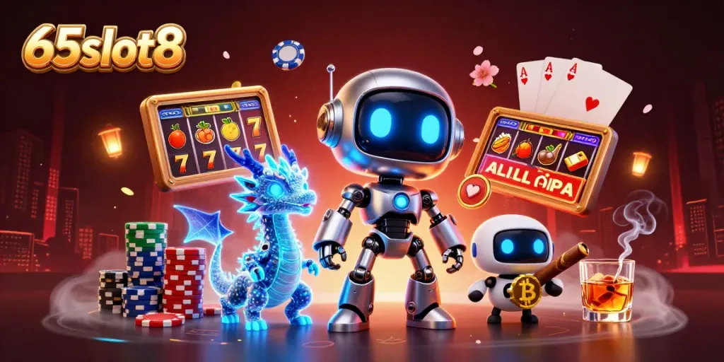 Experience vibrant gaming action at 65slot8 with dynamic slot reels and neon visuals illuminating the experience.