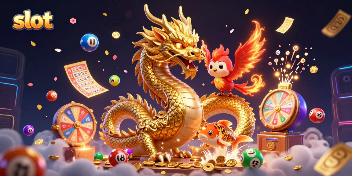 Spin slots and win with the fierce dragon and phoenix amidst vibrant lottery elements.