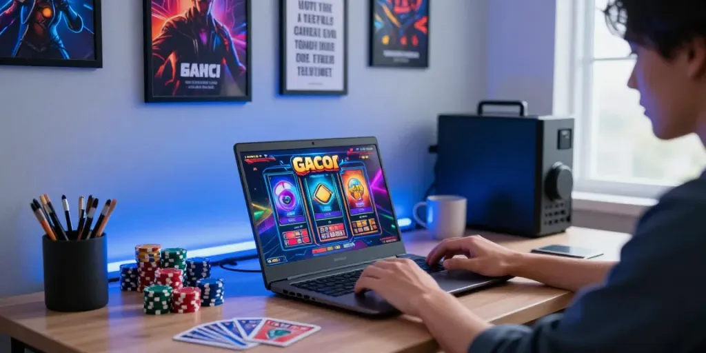 Person engaging in slot gacor gaming with laptop in a vibrant home office.