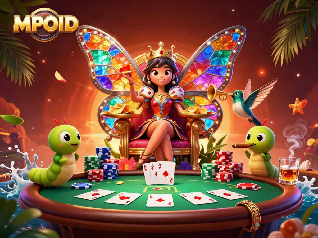 Experience the enchanting MPOID slots with colorful characters and winning casino elements in this vibrant illustration.