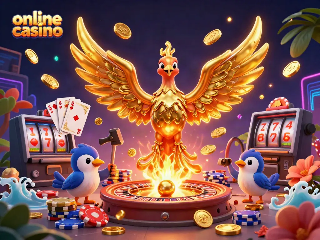 Engage in an exhilarating online casino experience with vibrant casino elements including golden coins and a spinning roulette wheel.