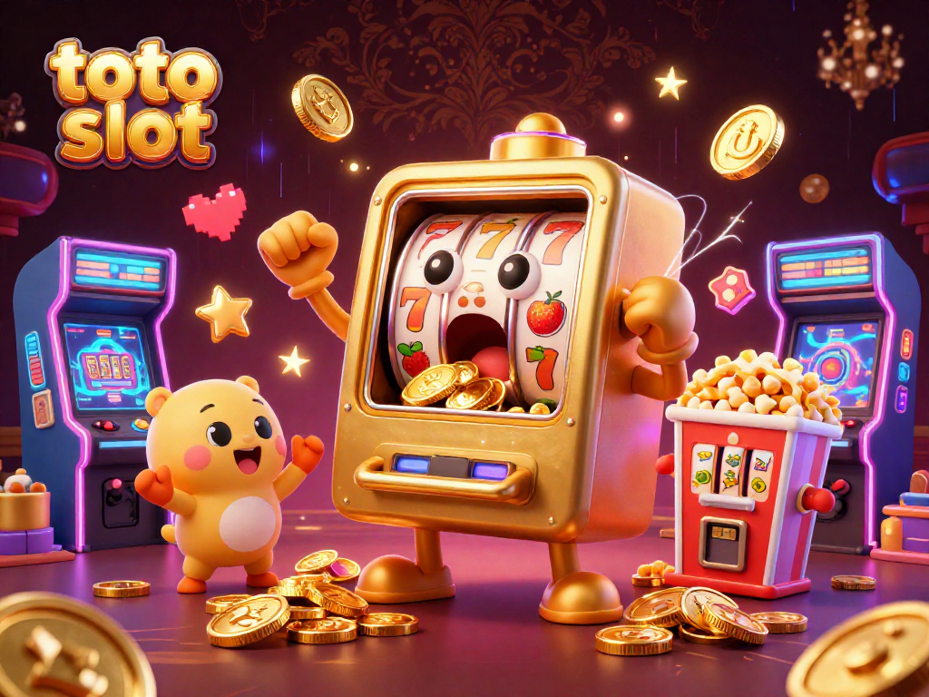 Permainan toto slot dengan mesin slot emas kartun dan konflik jackpot yang menarik, menyebarkan koin emas.