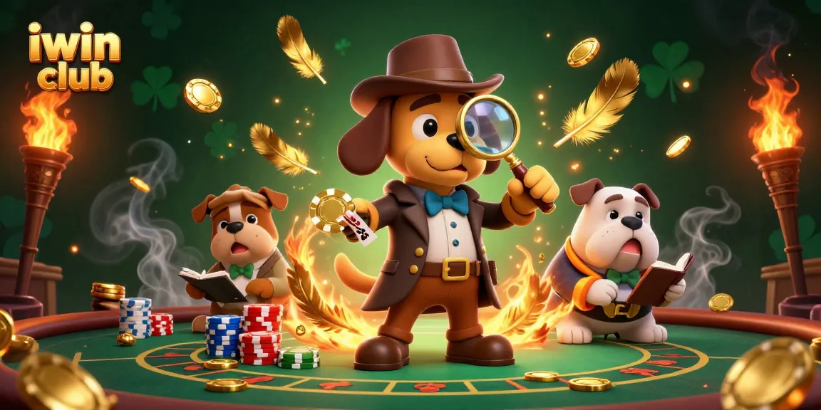 Play in the vibrant iwin club casino scene with a detective bloodhound solving a poker mystery.