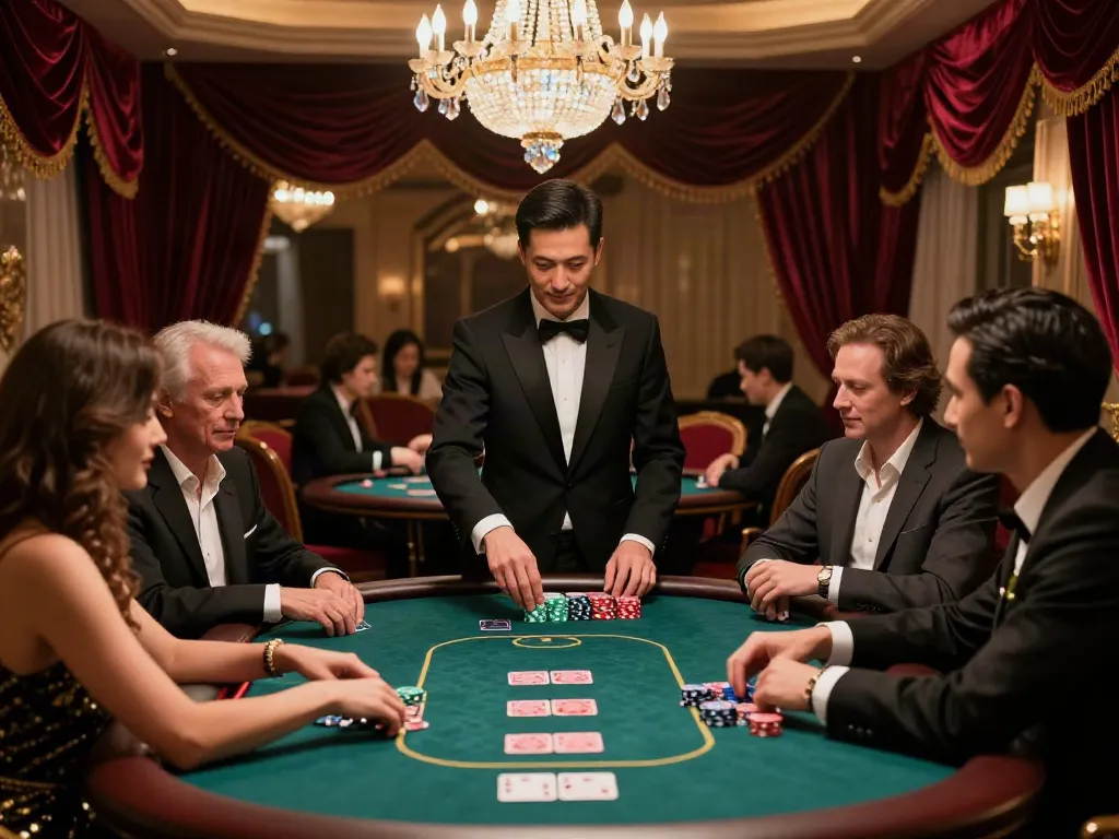Seributoto menghadirkan suasana perjudian mewah dengan pemain berkelas dan meja poker elegan.
