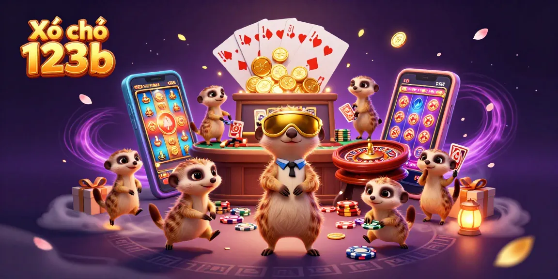 Xổ số 123b showcases a vibrant casino scene with meerkats managing a lively gaming operation and enticing rewards.