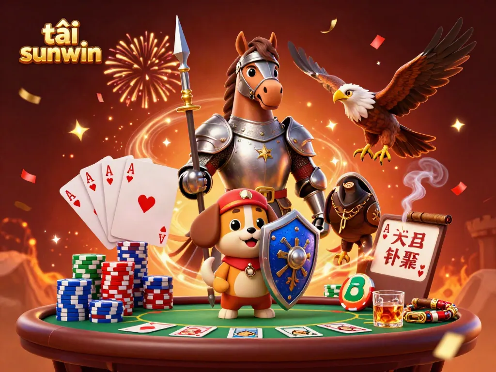 Experience thrilling gameplay with the tải sunwin app, featuring a 3D knight and squire by a vibrant poker table.