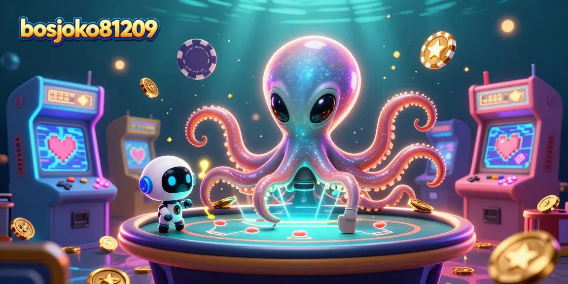Menggali slot gacor di bosjoko81209 dengan karakter alien dan robot dalam suasana kasino futuristik.
