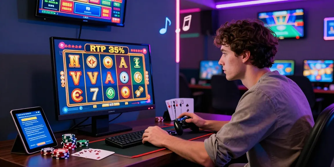 Engaging slot rtp gaming scene featuring a player at the desktop with vibrant graphics.