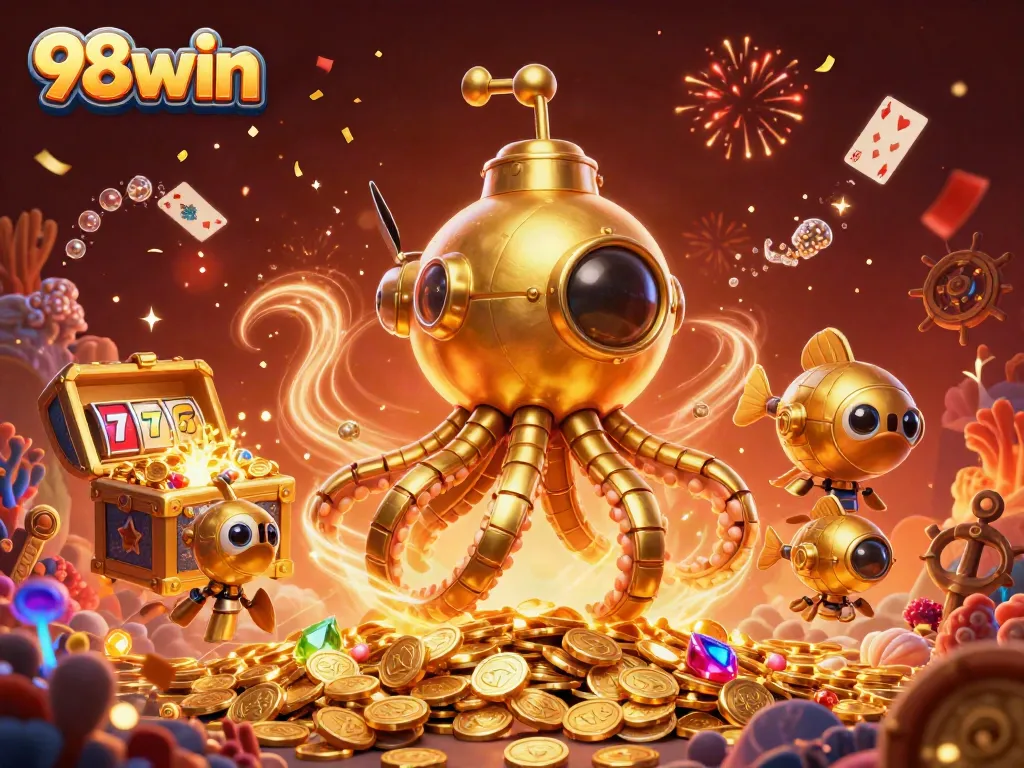 Join the thrilling adventure with 98win as mechanical fish and a golden kraken submarine emerge from a sea of casino treasures.