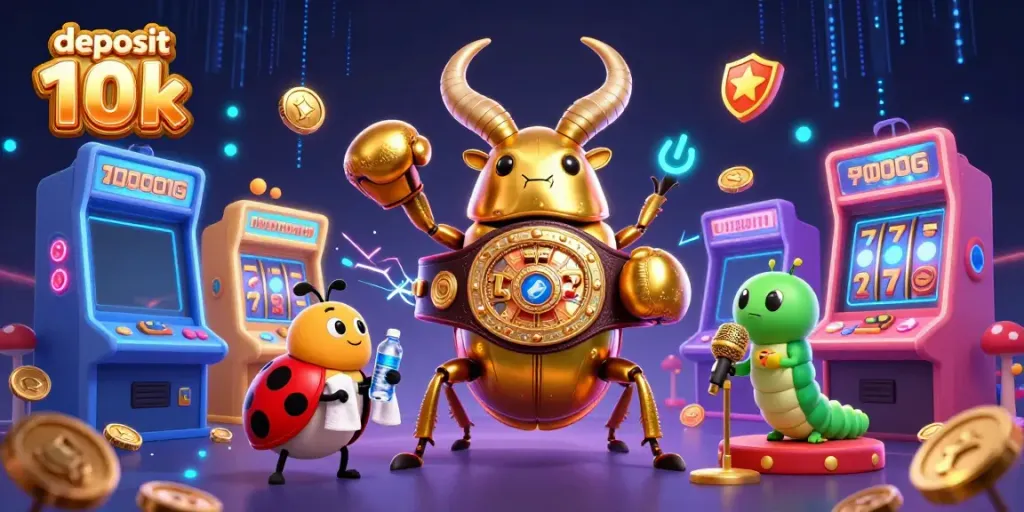 Permainan slot deposit 10k dengan karakter seru dan latar penuh warna.