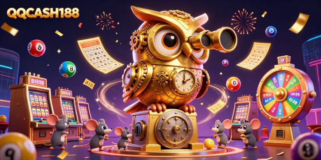 Experience the excitement at QQCASH188 with a dynamic casino floor illustration highlighting unique games and vibrant energy.