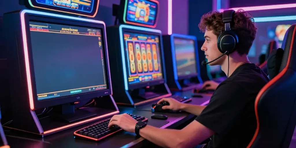 Pengalaman bermain harumslot online dengan pemain fokus pada mesin slot digital, suasana neon cerah.