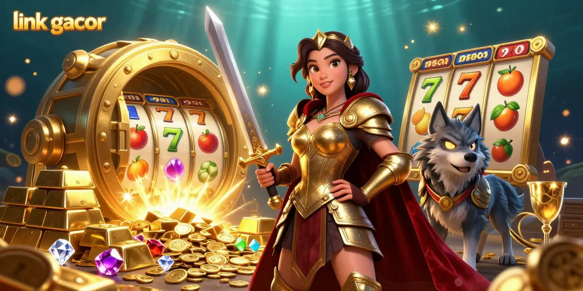 Experience thrilling gameplay with link gacor in a vibrant casino-themed scene featuring a warrior queen and treasure.