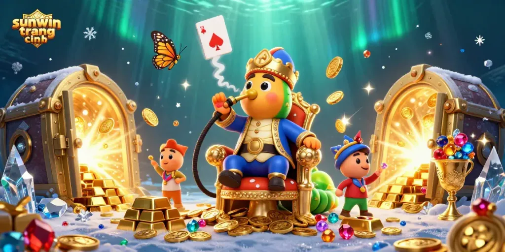 Experience the excitement of sunwin trang chính with a vibrant 3D casino scene featuring poker hand symbols.