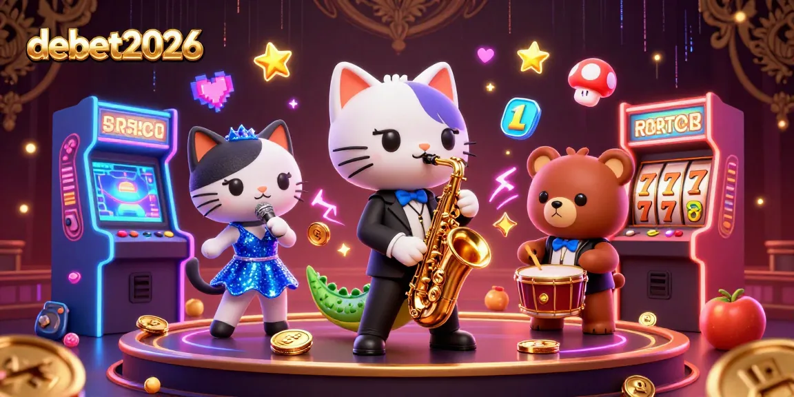 Engage with debet2026 at this vibrant casino scene featuring musical characters and gaming elements.