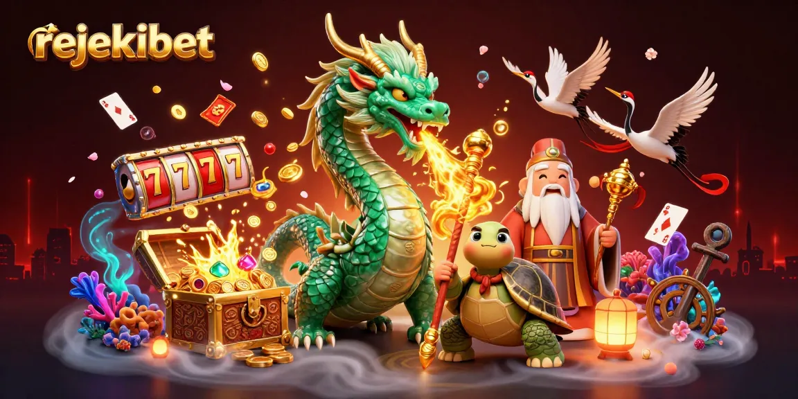 Engage with rejekibet’s vibrant gaming world featuring a jade dragon, treasures, and slot elements.