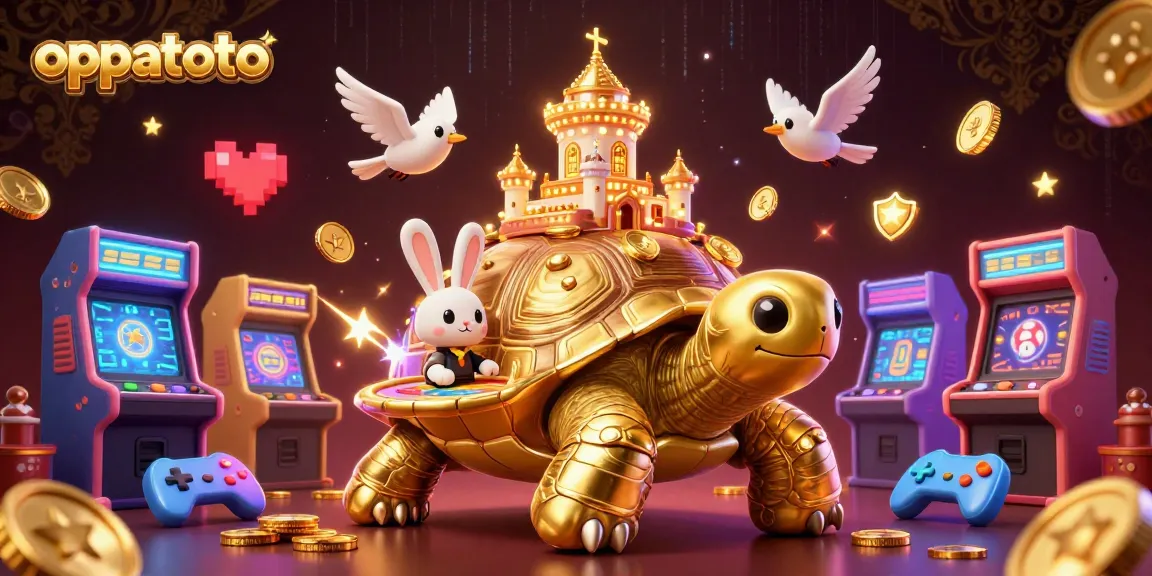 Engage with oppatoto's lively casino scene featuring a golden tortoise and a rabbit dealer amidst gaming action.