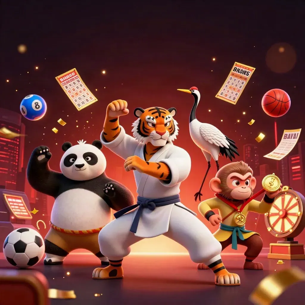 Harimau kung-fu, panda, dan monyet dengan elemen kasino emas di latar merah gelap neon.