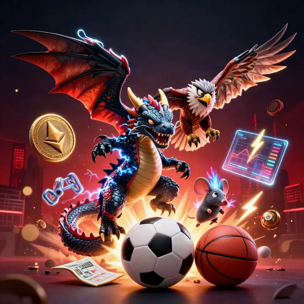 Naga petir, elang, dan tikus listrik di antara bola, koin kripto, dan cahaya merah gelap.
