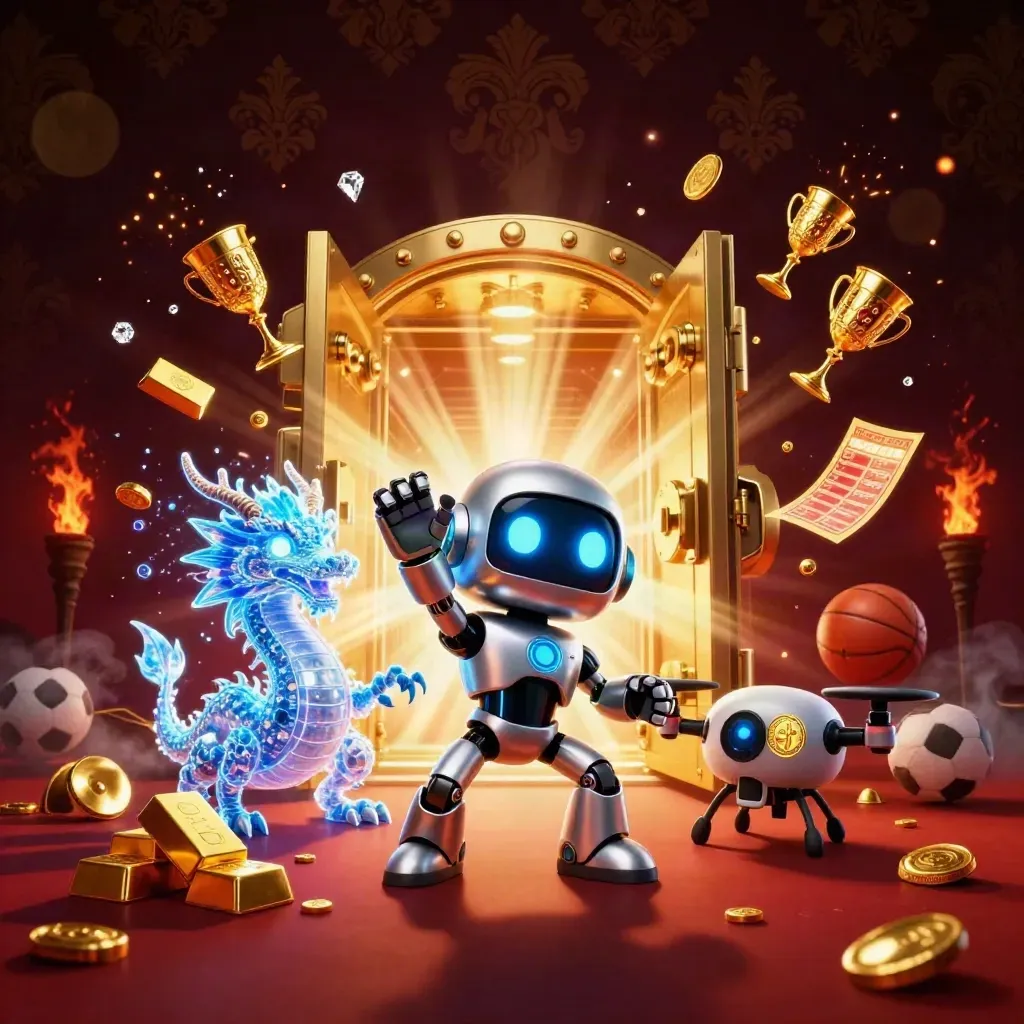 Robot cyberpunk, naga holografik, brankas emas terbuka, berlian, api, dan bola olahraga di latar mewah gelap.