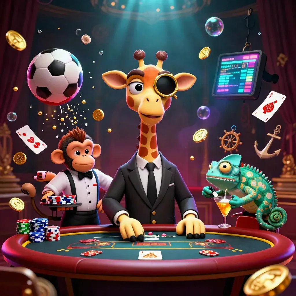Giraffe, monyet, dan bunglon kasino di bawah bola basket dan bola sepak, berlatar harta laut.